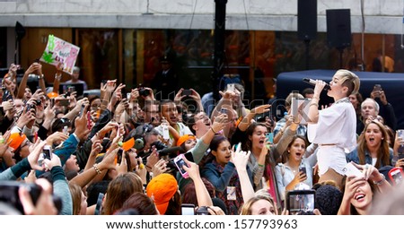 NEW YORK-OCT 7: Recording artist Miley Cyrus performs on NBC\'s \'Today Show\' at Rockefeller Plaza on October 7, 2013 in New York City.