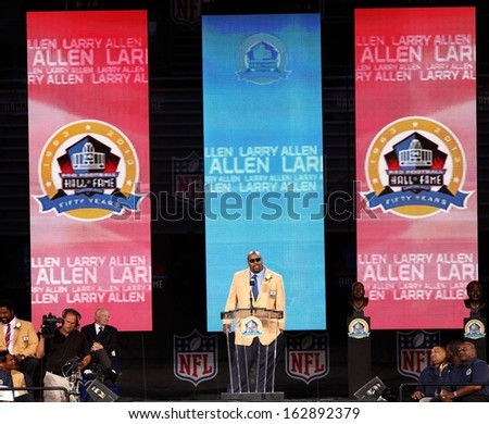 CANTON, OH-AUG 3: Former Dallas Cowboys offensive lineman Larry Allen gives his speech during the NFL Class of 2013 Enshrinement Ceremony at Fawcett Stadium on August 3, 2013 in Canton, Ohio.
