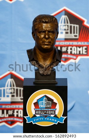 CANTON, OH-AUG 3: The bust of former head coach Bill Parcells on display during the NFL Class of 2013 Enshrinement Ceremony at Fawcett Stadium on August 3, 2013 in Canton, Ohio.