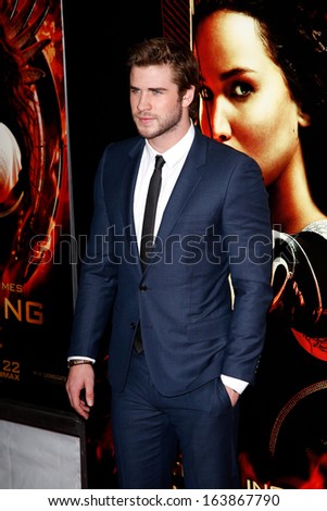 NEW YORK-NOV 20; Actor Liam Hemsworth attends the \'Hunger Games: Catching Fire\' premiere at AMC Lincoln Square Theater on November 20, 2013 in New York City.