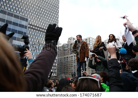 NEW YORK-JAN 12:  Charlie Todd, founder of Improv Everywhere addresses the crowd at the 13th annual international \'No Pants Subway Ride\' at Foley Square on January 12, 2014 in New York City.