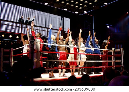 NEW YORK-MAR 13: The cast of \'Rocky\' take a curtain call on Broadway opening night at the Winter Garden Theatre on March 13, 2014 in New York City.