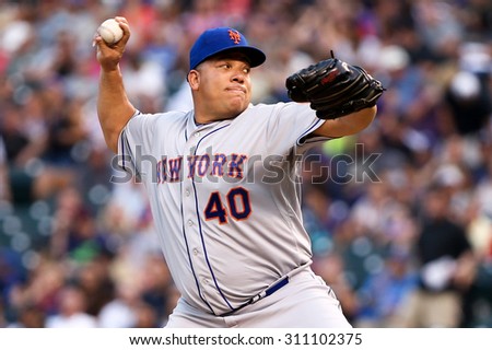 DENVER-AUG 21: New York Mets pitcher Bartolo Colon pitches during a game against the Colorado Rockies at Coors Field on August 21, 2015 in Denver, Colorado.
