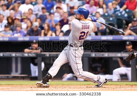 DENVER-AUG 21: New York Mets infielder Lucas Duda swings a pitch during a game against the Colorado Rockies at Coors Field on August 21, 2015 in Denver, Colorado.