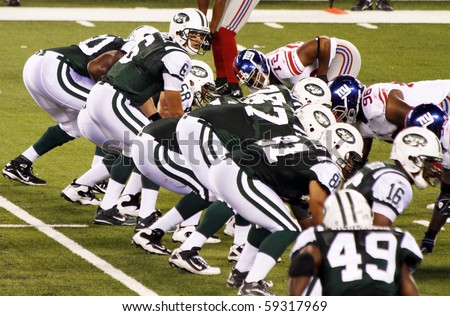 EAST RUTHERFORD, NJ - AUGUST 16: New York Jets Quarterback Mark Sanchez in action against the New York Giants at MetLife stadium on August 16, 2010 in East Rutherford, New Jersey.