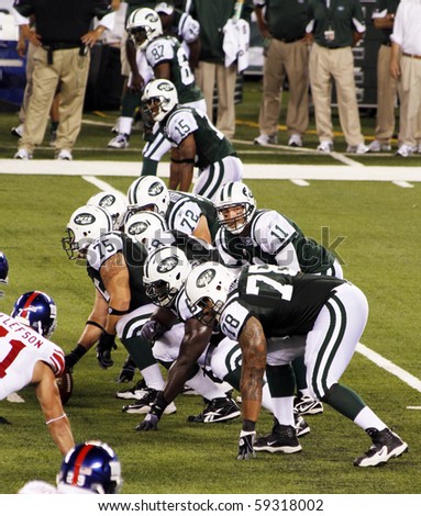 EAST RUTHERFORD, NJ - AUGUST 16: New York Jets Quarterback Kellen Clemens in action against the New York Giants at MetLife stadium on August 16, 2010 in East Rutherford, New Jersey.