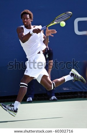 FLUSHING, NY - SEPTEMBER 2: Gael Monfils of France returns a volley during his men's doubles match at the US Open at the Billie Jean National Tennis Center on September 2, 2010 in Flushing, NY.