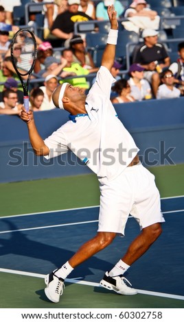 FLUSHING, NY - SEPTEMBER 2: James Blake volleys during his men's singles match at the US Open at the Billie Jean National Tennis Center on September 2, 2010 in Flushing, NY.
