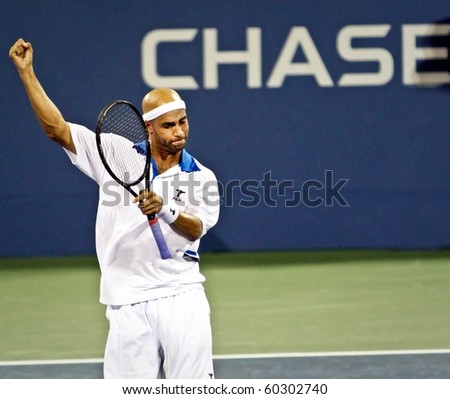 FLUSHING, NY - SEPTEMBER 2: James Blake volleys during his men\'s singles match at the US Open at the Billie Jean National Tennis Center on September 2, 2010 in Flushing, NY.