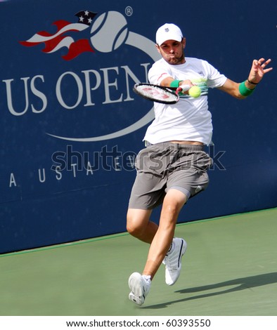 FLUSHING, NY - SEPTEMBER 4: Mardy Fish (USA) returns a volley during men\'s singles during the US Open Tennis Tournament at Billie Jean King National Tennis Center on September 4, 2010 in Flushing, NY.