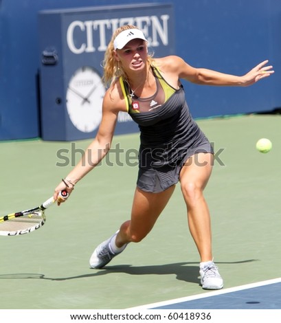 FLUSHING, NY - SEPTEMBER 4: Caroline Wozniacki returns a volley during womens singles at the US Open Tennis Tournament at the Billie Jean National Tennis Center on September 4, 2010 in  Flushing, NY.