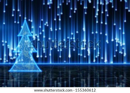 blue futuristic christmas tree and snowfall. computer generated abstract background