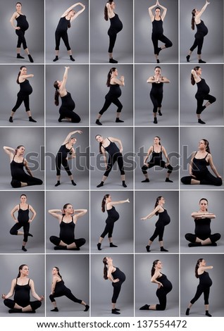 Pregnant woman doing gymnastic on grey background. photo set of pregnant woman.