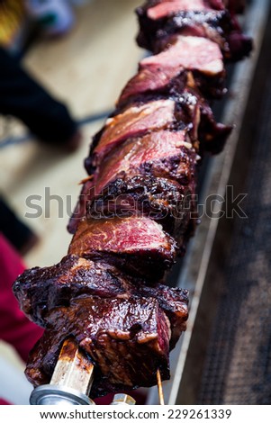 Large pieces of meat on stick. grilled meat
