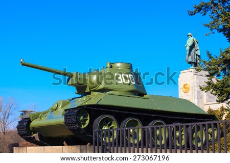 BERLIN, GERMANY - MARCH 19, 2015: Architectural detail of the Soviet War Memorial in Treptower Park in central Berlin. Russian tank of the WWII
