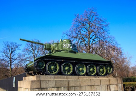 BERLIN, GERMANY - MARCH 19, 2015: Architectural detail of the Soviet War Memorial in Treptower Park in central Berlin. Russian tank of the WWII