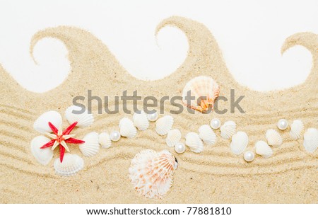 sand and sea shells isolated  . Beach sand with sea shell and star fish postcard