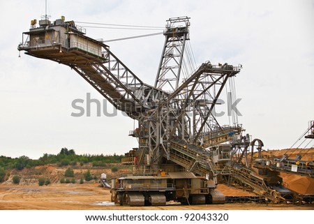 Bucket-wheel excavator in an open pit. landscape with extractive industry