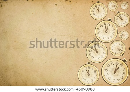 Texture of old paper with a picture of the old clock