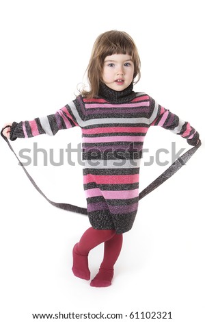   Dress on Little Girl In Red Tights And A Bright Dress On A White Background