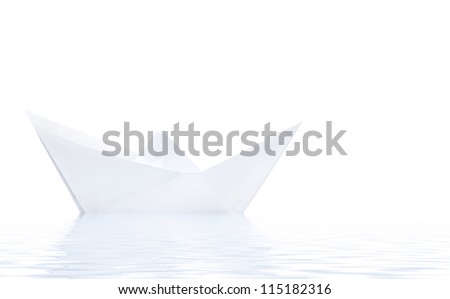 Paper ship in water with reflection isolated on white background