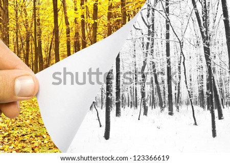 Blank sheet of paper with hand opening it. Autumn changes to winter. Nature background