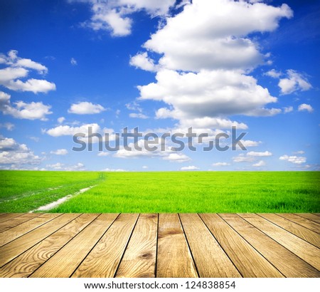 Beautiful Summer Green Field Blue Sky With Grey Clouds And Wooden Planks On Floor
