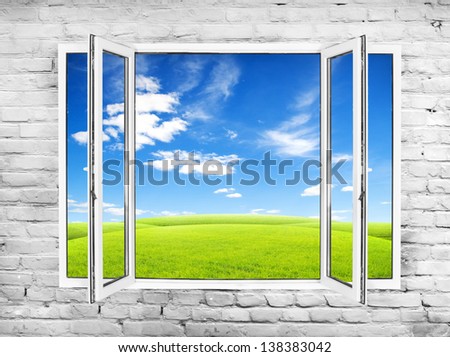Open window from old room with landscape on a background