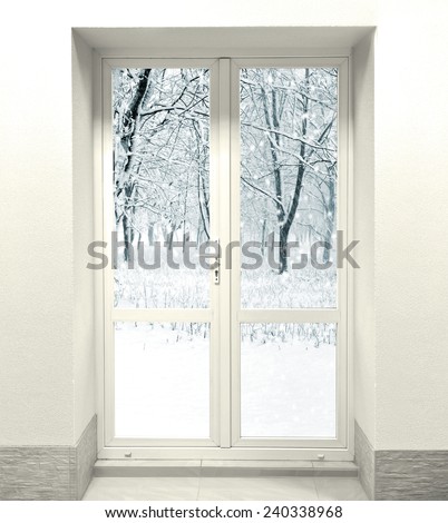 Closed White Door on Wall and cold weather with snow outside the door