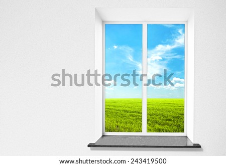 White plastic window isolated on white background and view on field