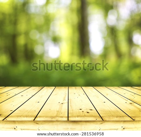 Empty wooden table on green background