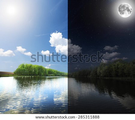 Green field in day and night. Elements of this image furnished by NASA