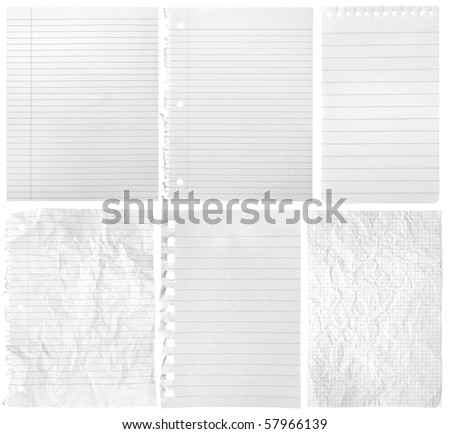 Collection of sheets from notebooks on white background