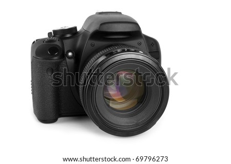 One black camera isolated on white background One black camera isolated on white background