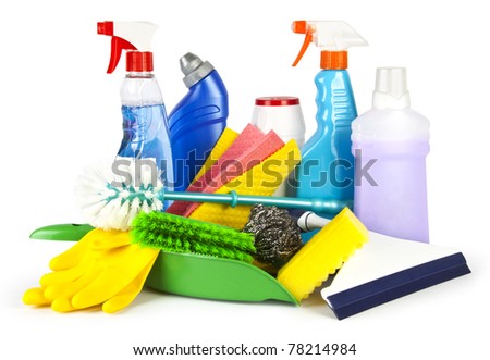 Collection of cleaning products and tools on white background