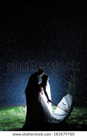 Bride and groom in the night rain. Dramatic moment.