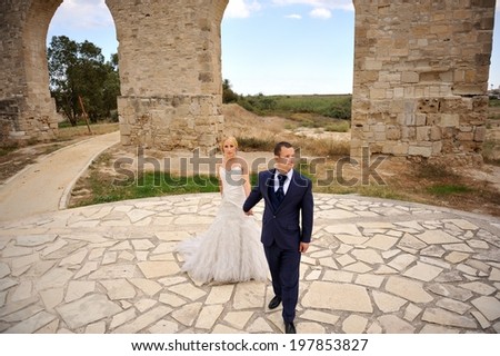 Beautiful elegant wedding couple in a beautiful antique Roman aqueduct background.
