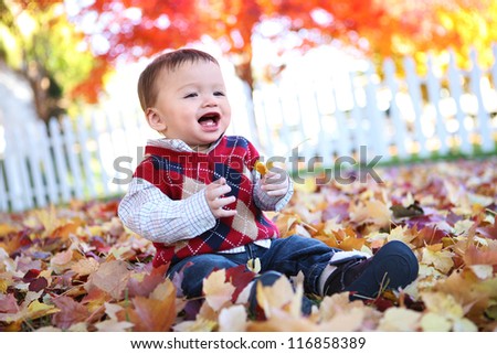 A cute young baby boy playing in the leaves during fall