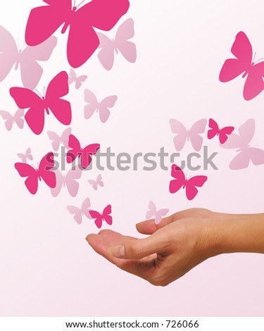 A photo of a woman releasing abstract butterflies