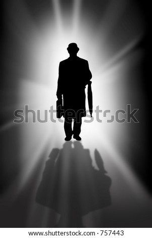 A photo of a man walking out of the light
