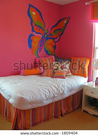 Colorful Girls Bedroom In A Home Interior Stock Photo 1