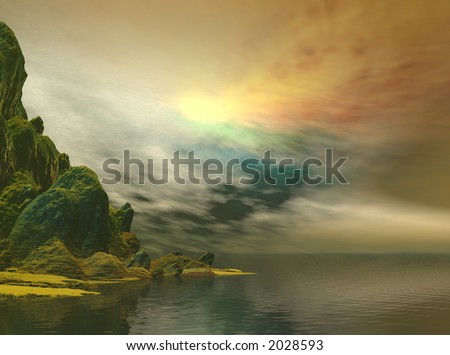 A coastal mountain landscape with dramatic skies
