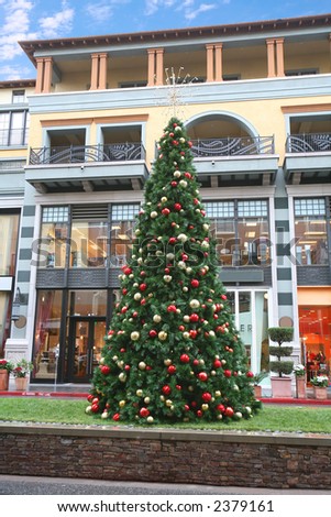 A tall Christmas tree in the shopping plaza