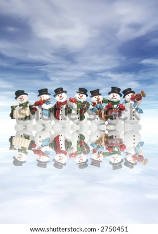 A group of snowmen playing music in the snow