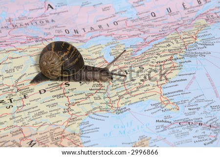 A snail travelling throughout the United States on a map