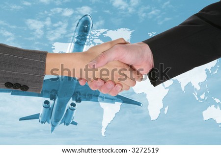 Two business people shaking hands with a airplane and world map background