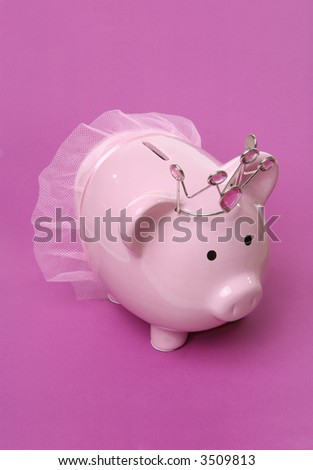 A cute piggy bank with crown and tutu over pink background