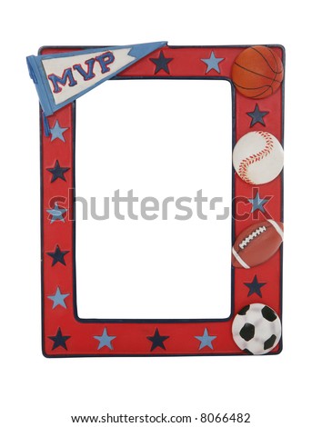 A sports picture frame with baseball, football, basketball, and soccer ball