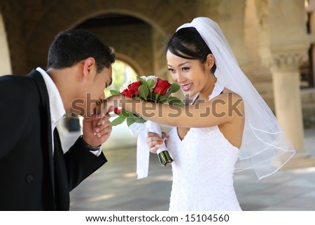 A beautiful bride and handsome groom at church during wedding