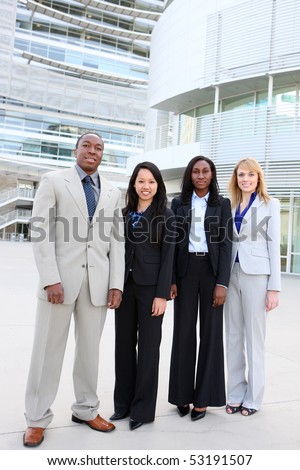 An attractive business man and woman team at office building diversity